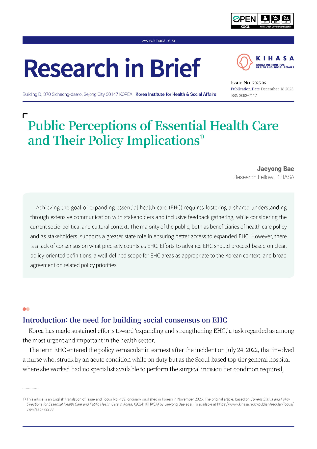 Public Perceptions of Essential Health Care and Their Policy Implications