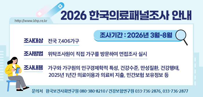 2026 한국의료패널조사 안내. 
조사기간: 2026년 3월~8월. 
조사대상: 전국 7,406가구. 
조사방법: 위탁조사원이 직접 가구를 방문하여 면접조사 실시. 
조사내용: 가구와 가구원의 인구경제학적 특성, 건강수준, 만성질환, 건강행태, 
2025년 1년간 의료이용과 의료비 지출, 민간보험 보유정보 등. 
문의처: 한국보건사회연구원 080-380-8210 / 건강보험연구원 033-736-2876, 033-736-2877. 
홈페이지: http://www.khp.re.kr