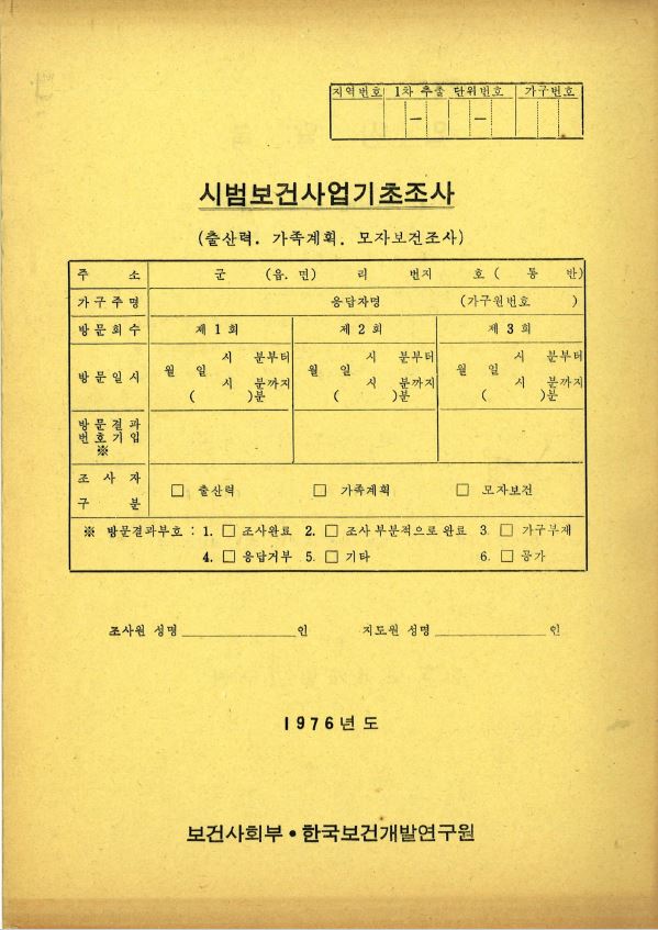 1976년 시범보건사업기초조사 자료 (조사표)